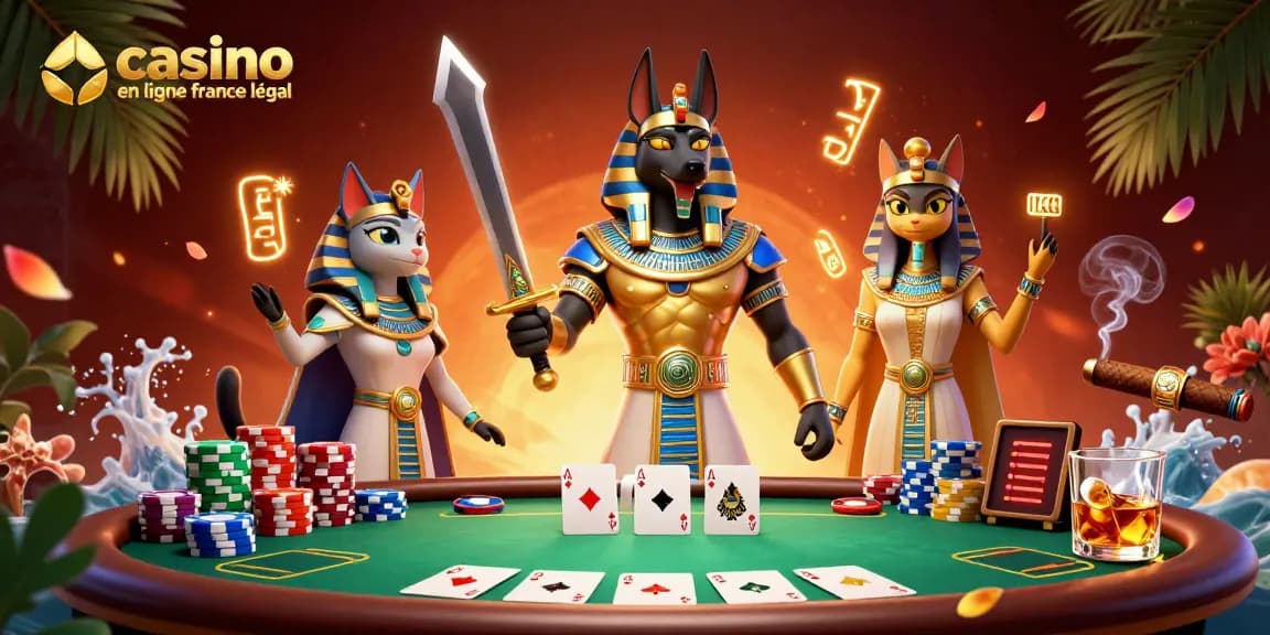 Jouez à des jeux passionnants au casino en ligne france légal tout en appréciant une illustration 3D vibrante avec Anubis et Bastet.