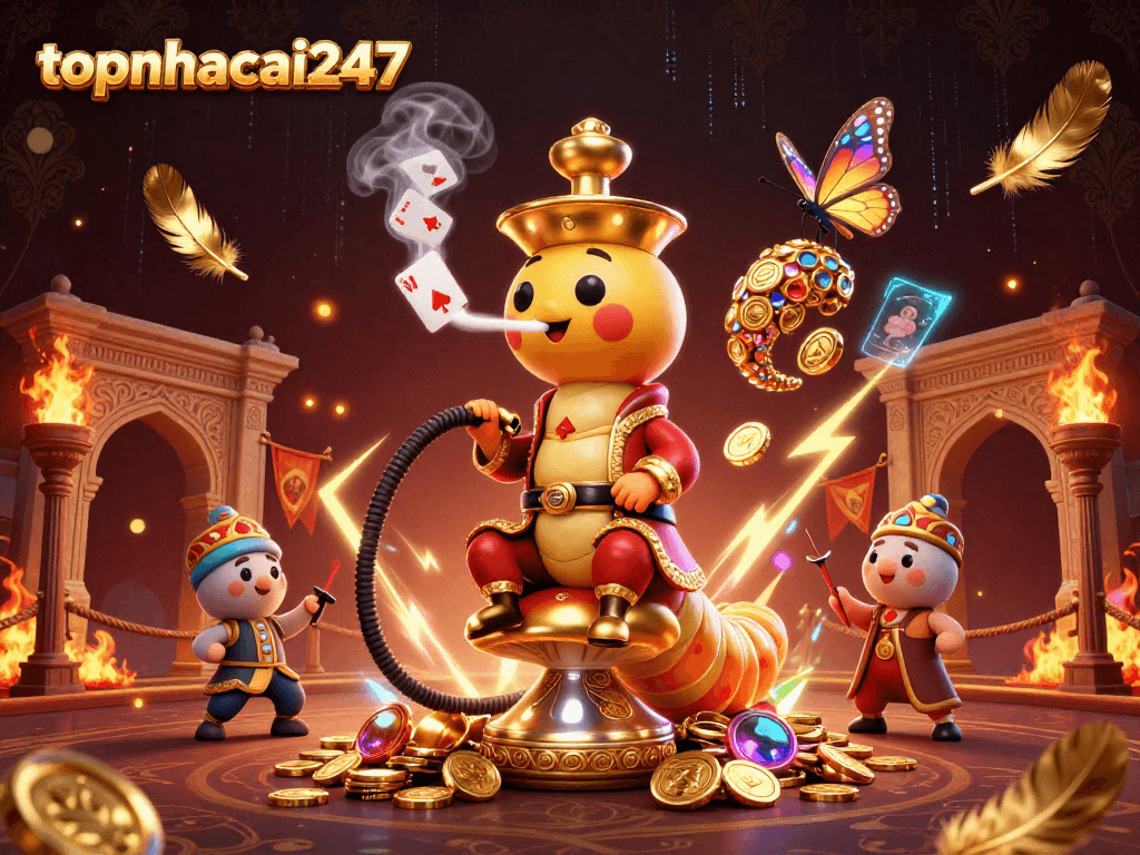Experience thrilling gaming at topnhacai247 with a vibrant 3D casino illustration featuring various gaming elements.