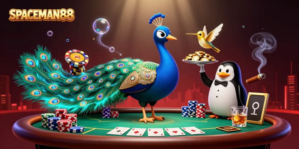 SPACEMAN88 showcases an exciting poker scene featuring colorful poker chips, a dazzling peacock, and a charming butler penguin.