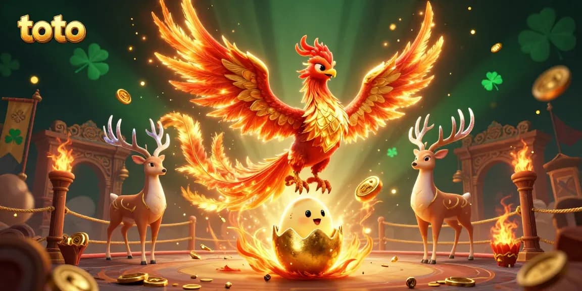 Toto-themed scene featuring a fiery phoenix, baby chick, and mystical stag in a rich gambling environment.