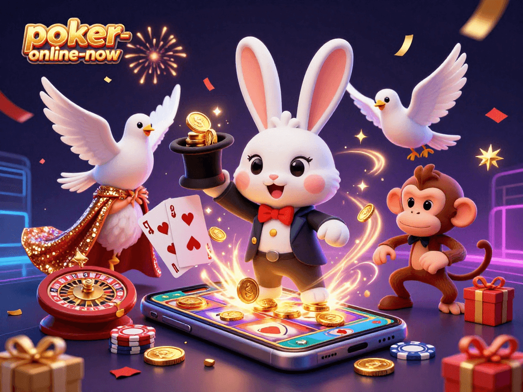 Engage in poker excitement at poker-online-now with cheerful characters and vibrant casino elements.