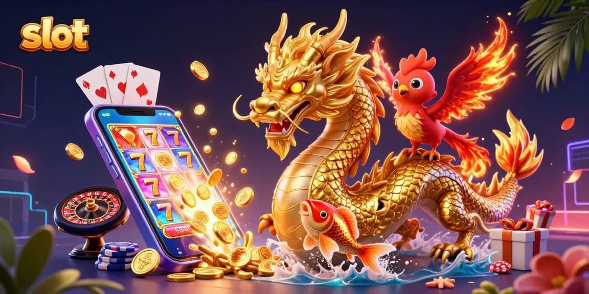 Spin the slots with excitement in this colorful scene featuring a golden dragon and phoenix.