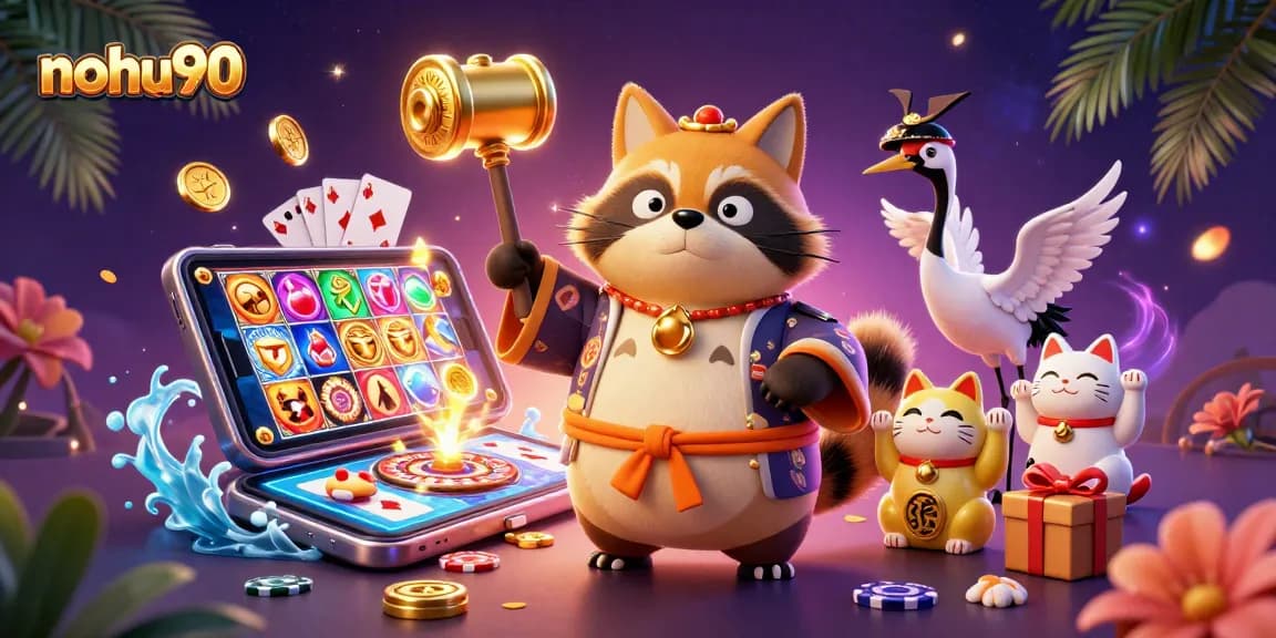 Nohu90 players enjoy vibrant slot games with a cheerful tanuki and lucky symbols in 3D