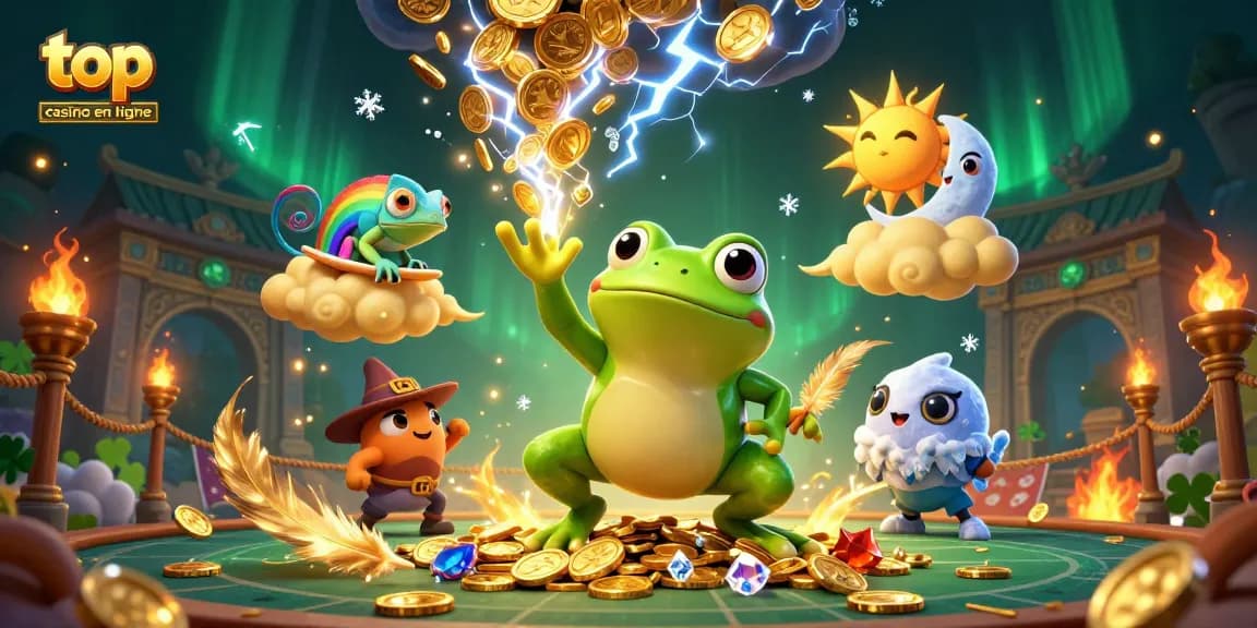 Découvrez le top casino en ligne illustré par des personnages animés entourés de pièces d'or et de jeux captivants.