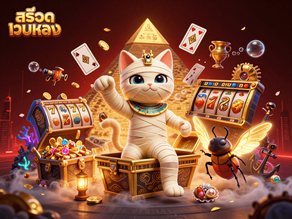 Experience สล็อตเว็บตรง action with a vibrant 3D illustration of a mummy cat in a casino scene.