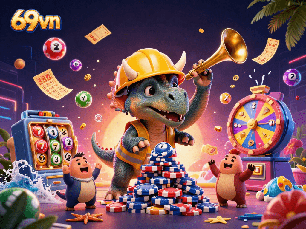 Engage with 69vn's vibrant casino scene featuring a triceratops building poker chip pyramids.