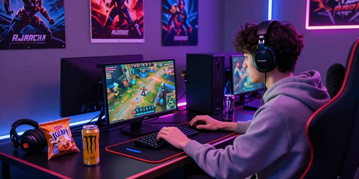 Akses rajareceh dalam suasana gaming dengan pemain fokus dan dekorasi neon di ruang permainan.