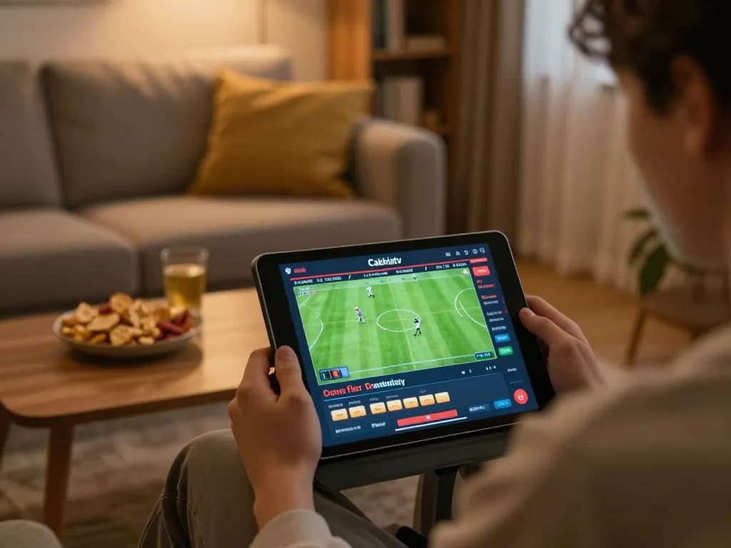 Cakhiatv user enjoying live football streaming on tablet in cozy home atmosphere.