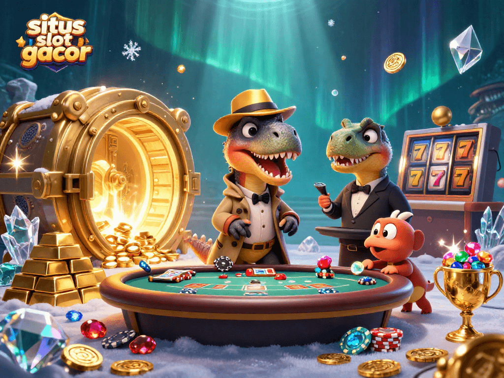 Experience thrilling wins at situs slot gacor with engaging characters in a lively casino scene.