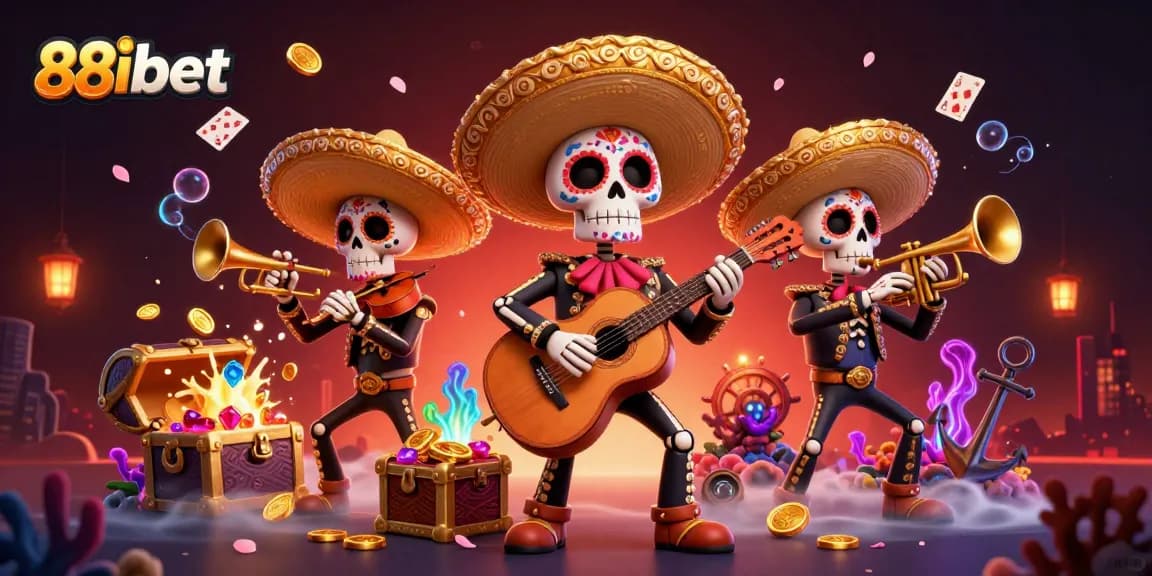 Experience the vibrant energy of 88ibet with a 3D illustration of a mariachi band surrounded by exciting casino elements.