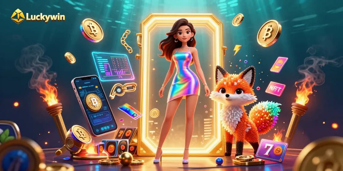 Experience exciting gaming action with Luckywin and vibrant casino elements surrounding a 3D character.