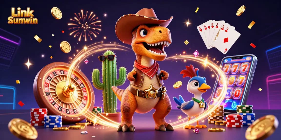 Experience Link Sunwin's vibrant casino world with T-Rex, cactus, and roadrunner amidst dynamic gaming elements.