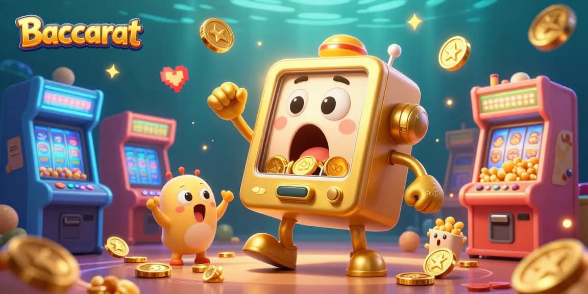 Baccarat slot machine hitting a jackpot amidst cheering baby slots and popcorn machine, vibrant casino scene.