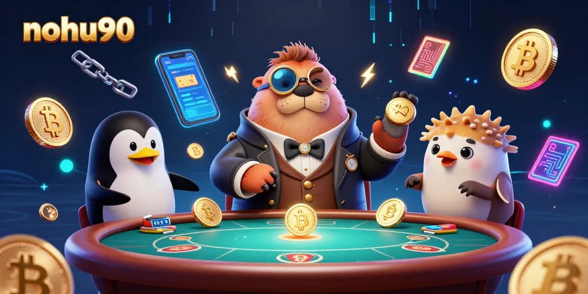 Join the thrilling nohu90 poker game with a playful walrus and penguin dealer in a vibrant underwater casino.