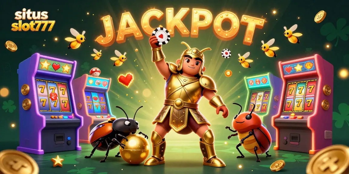 Engage with exciting action on situs slot777 featuring vibrant slot reels and cartoon characters celebrating a jackpot win.