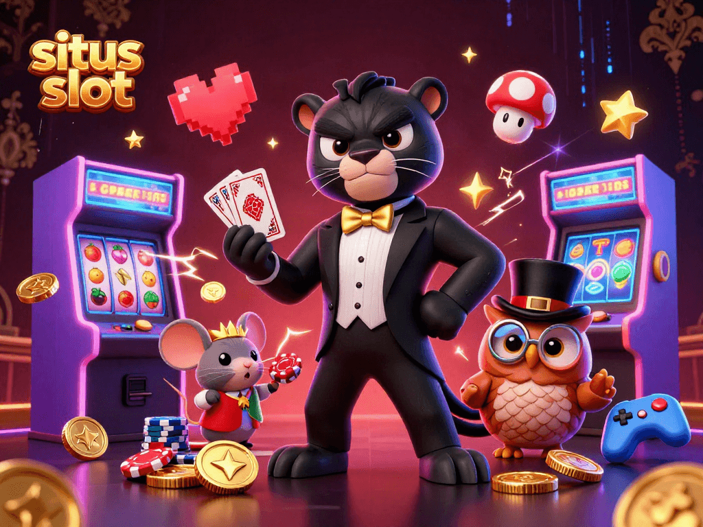 Engage in situs slot gameplay with stylish characters surrounded by vibrant casino elements.