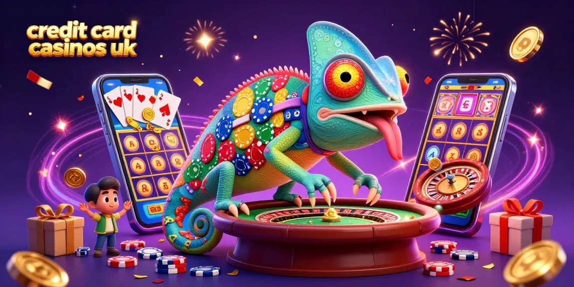 Experience the excitement of credit card casinos UK with a dynamic casino scene featuring a chameleon, games, and gold.
