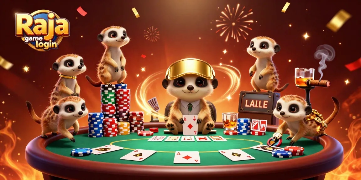 Engage in thrilling Raja game login experiences with meerkats at a vibrant casino scene.