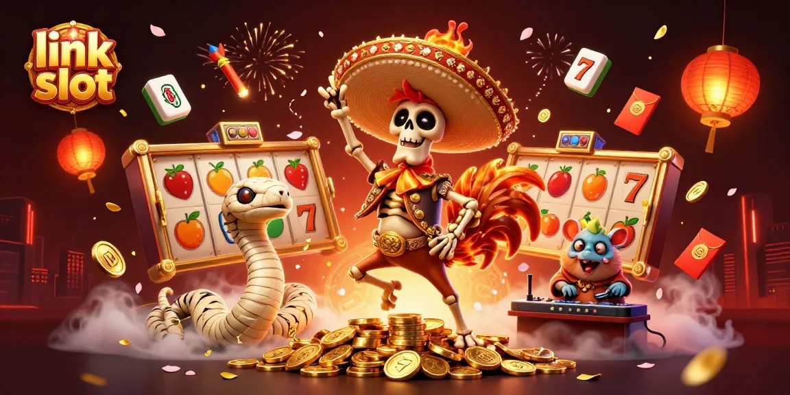 Spin the link slot and win big with the vibrant casino-themed illustration featuring unique characters.