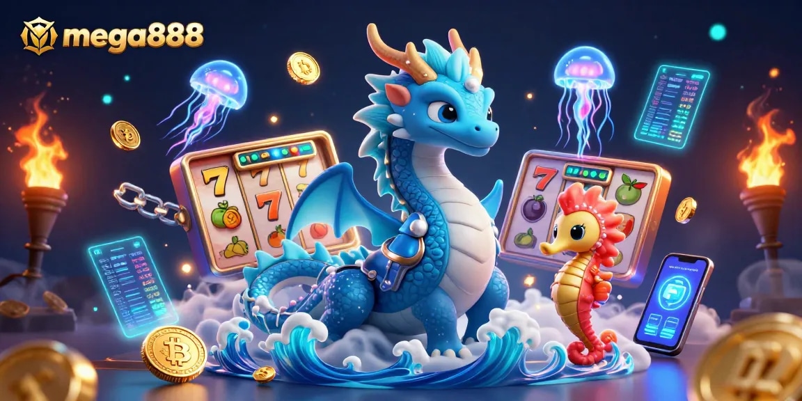 Kemenangan mega888 dengan dragon 3D, gulungan slot, dan elemen neon. Mainkan dan menangkan jackpot di kasino online!