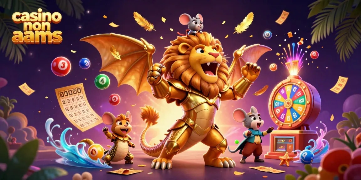 Scena coinvolgente di un casinò non AAMS con una chimera e un fantino topo tra elementi di gioco vibranti.