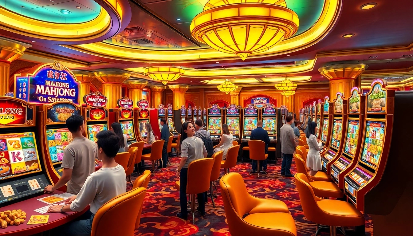 Penjudi yang bersemangat menikmati permainan Slot Demo Mahjong di kasino yang penuh warna.