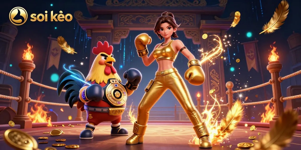 Soi kèo betting action featuring a championship-themed illustration with dynamic characters and vibrant casino elements.