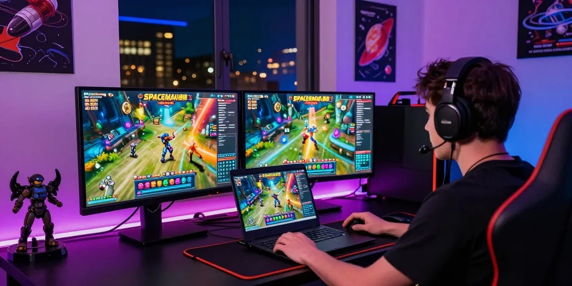 Gamer enjoying Spaceman88 online slot game with vibrant atmosphere and modern setup