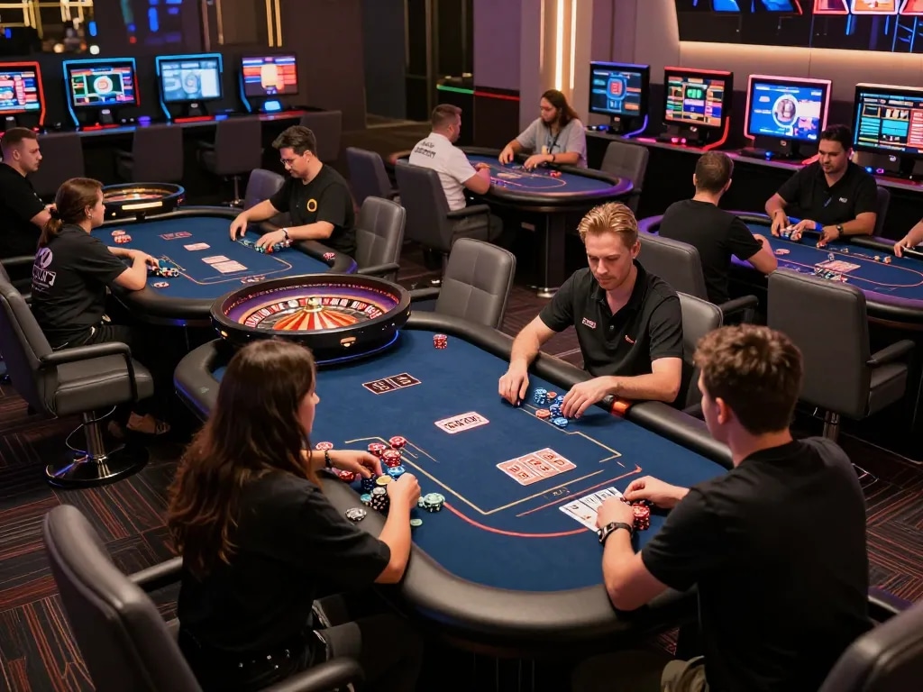 Thương Hiệu SC88 elevates gaming experience with lively poker and roulette action in a modern casino atmosphere