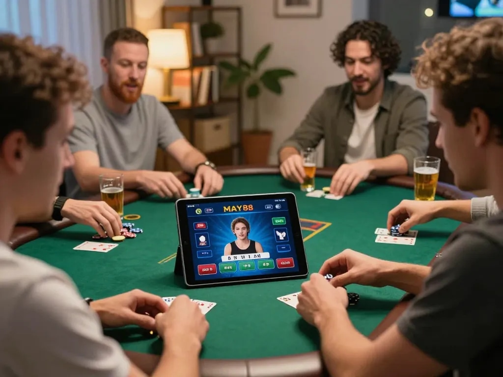 MAY88 players enjoying online poker on tablets, creating a cozy home gaming atmosphere.