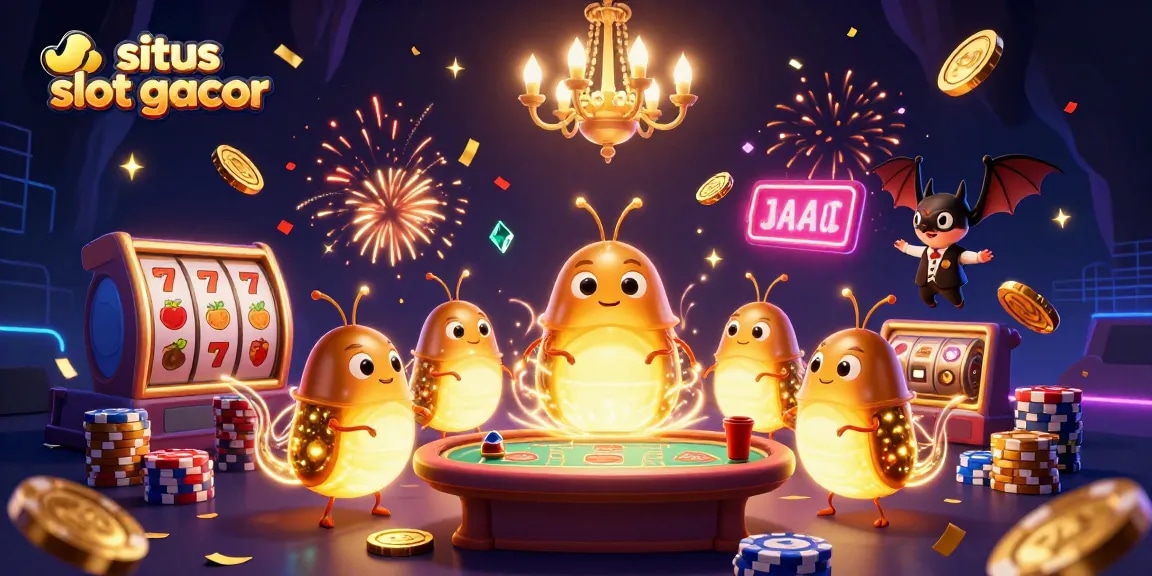 Situs slot gacor showcases a vibrant casino scene with glowing glowworms and dynamic gaming elements.