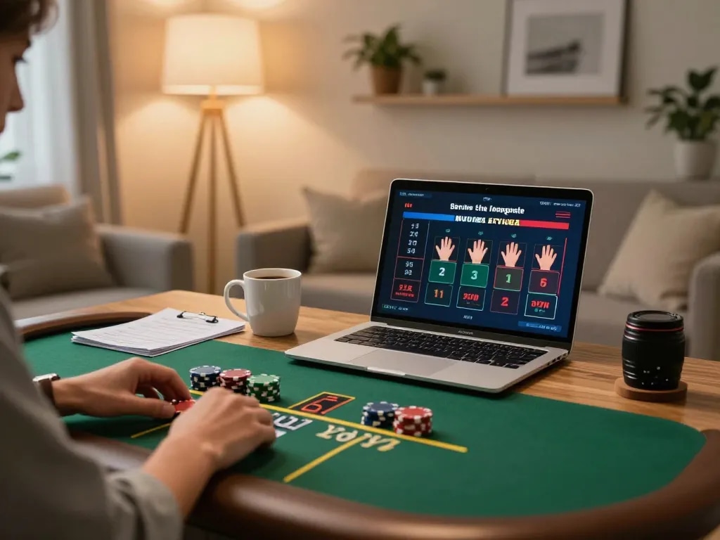 DABET enhances online blackjack strategy from a cozy home office setup, showcasing gaming focus.