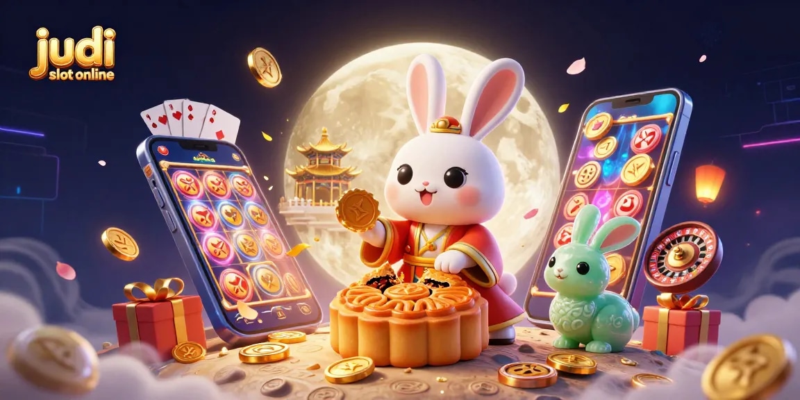 Gambaran judi slot online yang penuh keseruan dengan karakter kelinci bulan dan elemen permainan kasino.