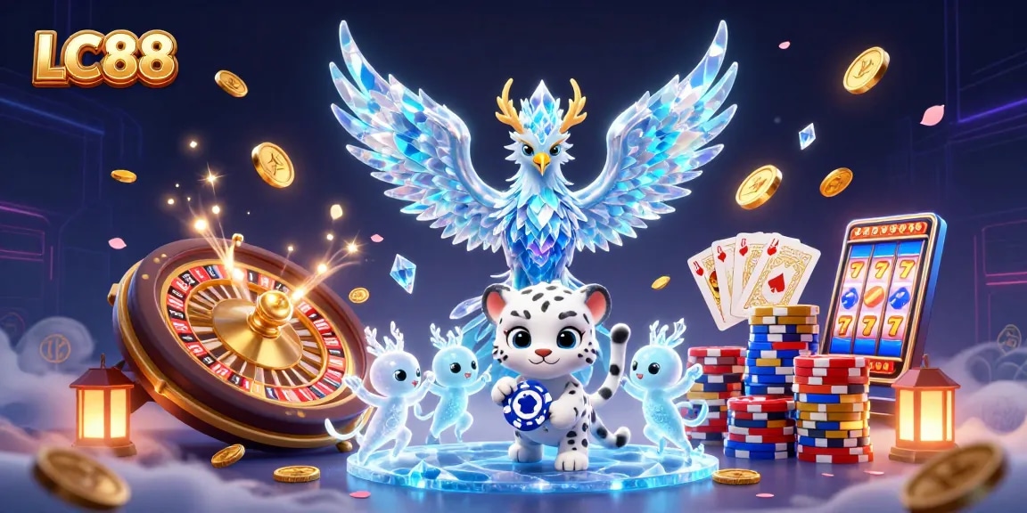 Experience winning with LC88 through a vibrant casino-themed 3D digital illustration filled with excitement.