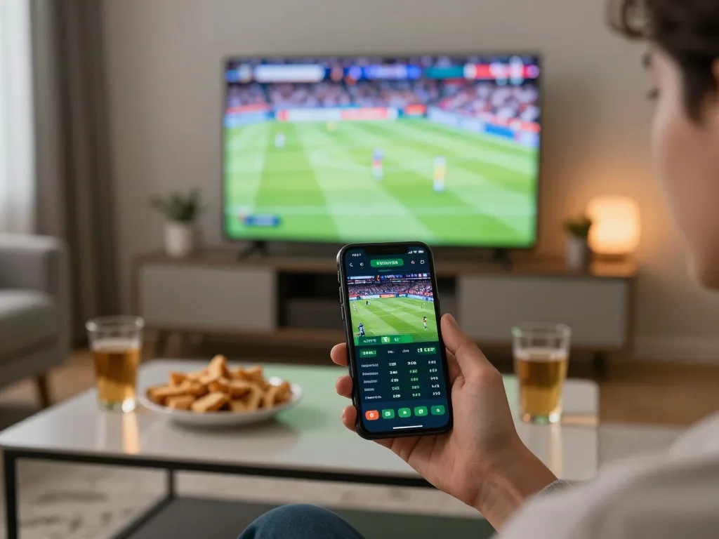 Experience the thrill of live betting on PUB88 with a smartphone in a cozy living room.