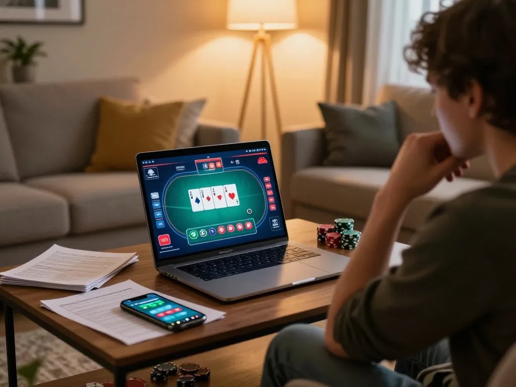 Engaging in strategic online poker with top quality widgets during a cozy evening.