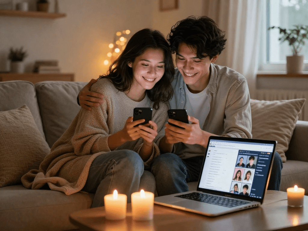 Couple using sexting AI on smartphones in a cozy home setting with playful ambiance.