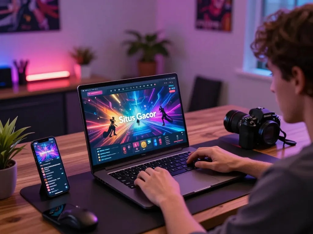 Engaging in situs gacor gameplay on a vibrant online casino setup showcasing thrilling graphics.