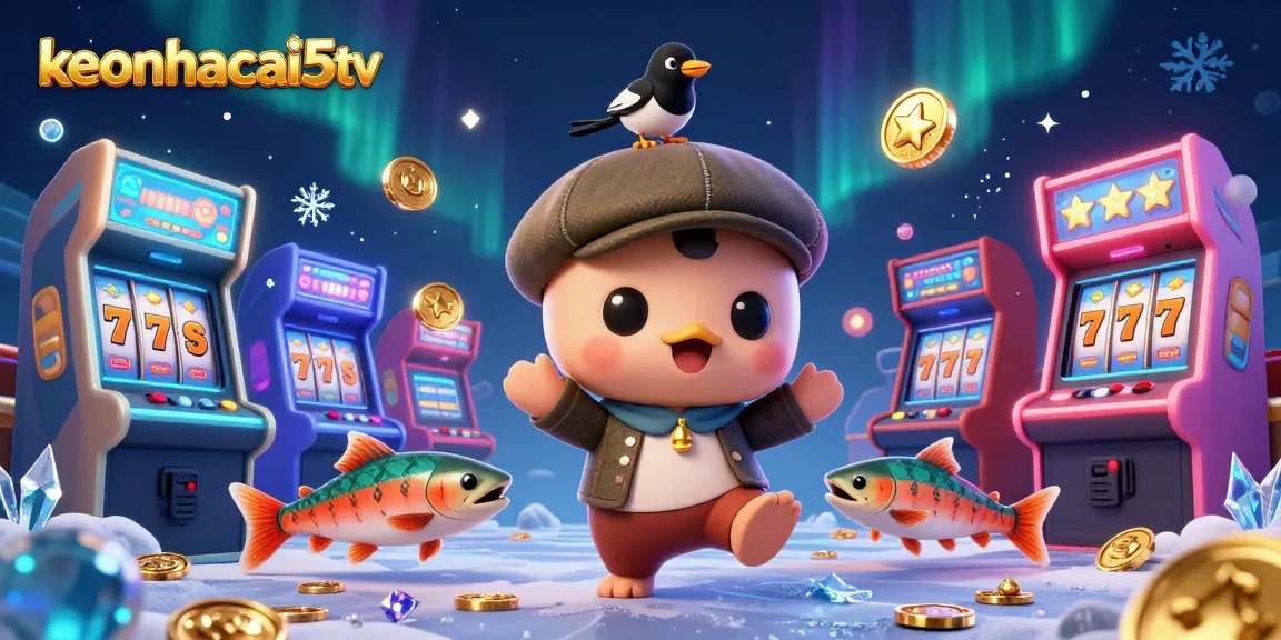 Engage with exciting keonhacai5tv adventures in this vibrant 3D casino scene featuring slot machines.