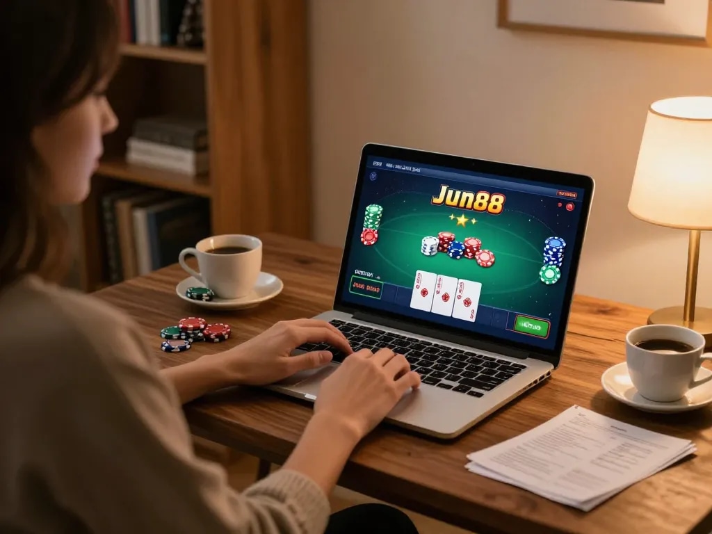 Engaging poker gameplay on Jun88 website at home with cozy atmosphere and strategic notes