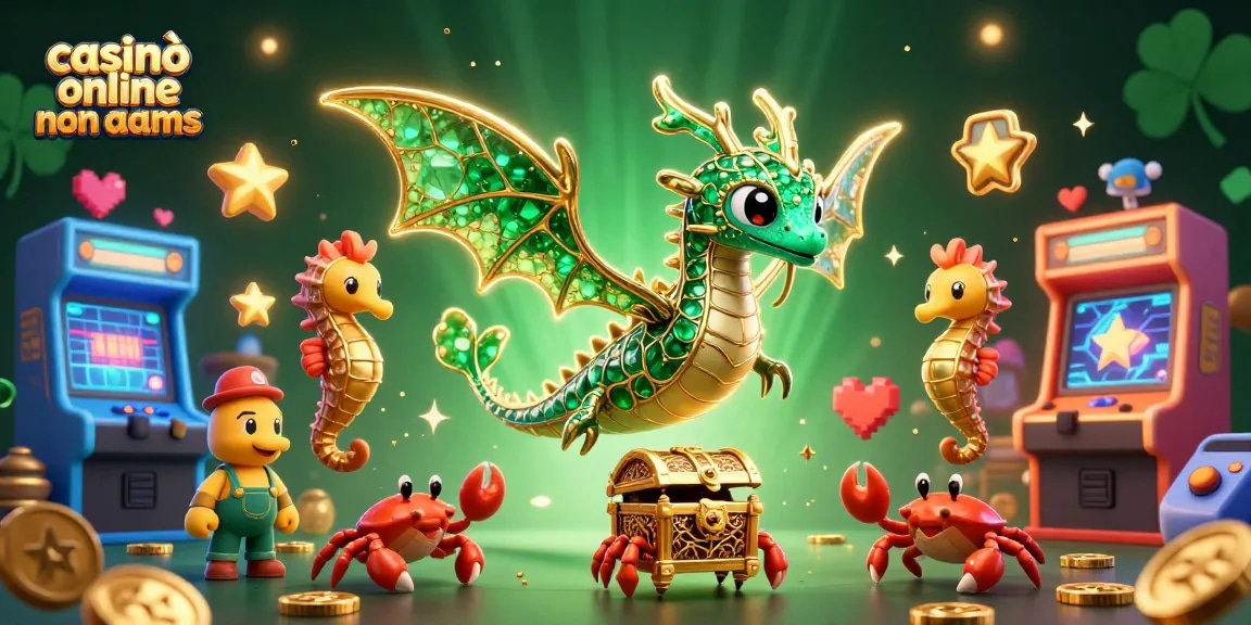 Scopri l'emozione dei casinò online non AAMS con un'illustrazione 3D vibrante di un drago marino e tesoro.