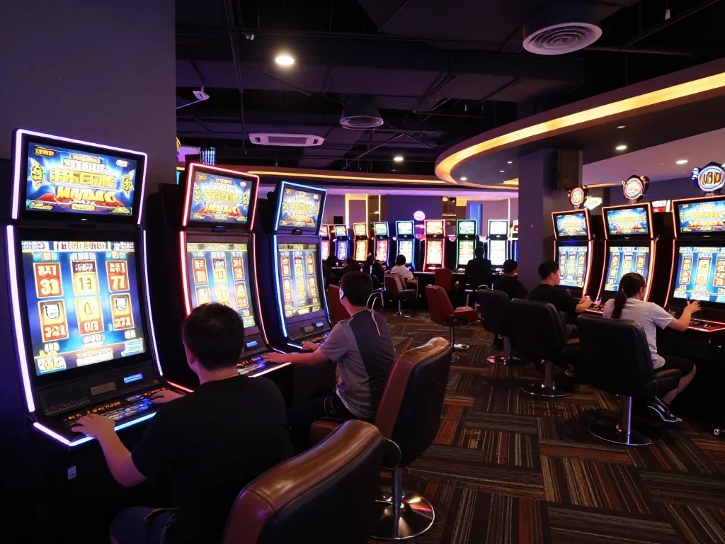 Players enjoying exciting slot gameplay at colorful digital machines in vibrant casino environment