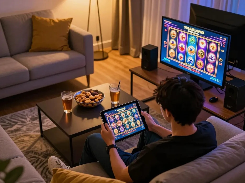 Engaging in slot thailand gameplay on a tablet in a cozy home setting with snacks.