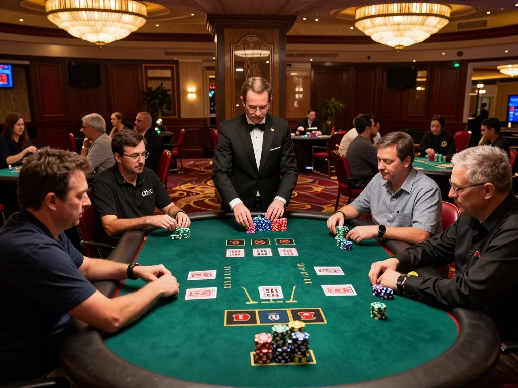 Engaged players strategically evaluating their hands at a blackjack table, enjoying authentic Mexican dishes