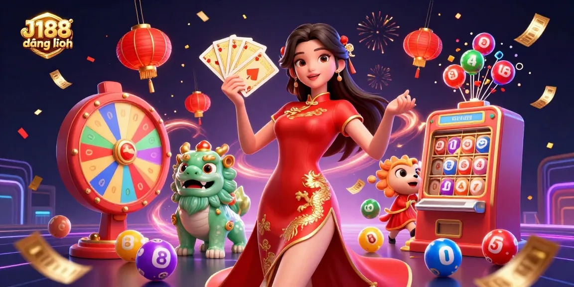 Experience the excitement at J188 đăng nhập with vibrant casino elements and festive atmosphere in a 3D illustration.