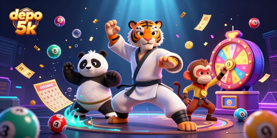 Experience the thrill of depo 5k with a vibrant illustration of playful characters and dynamic casino elements.