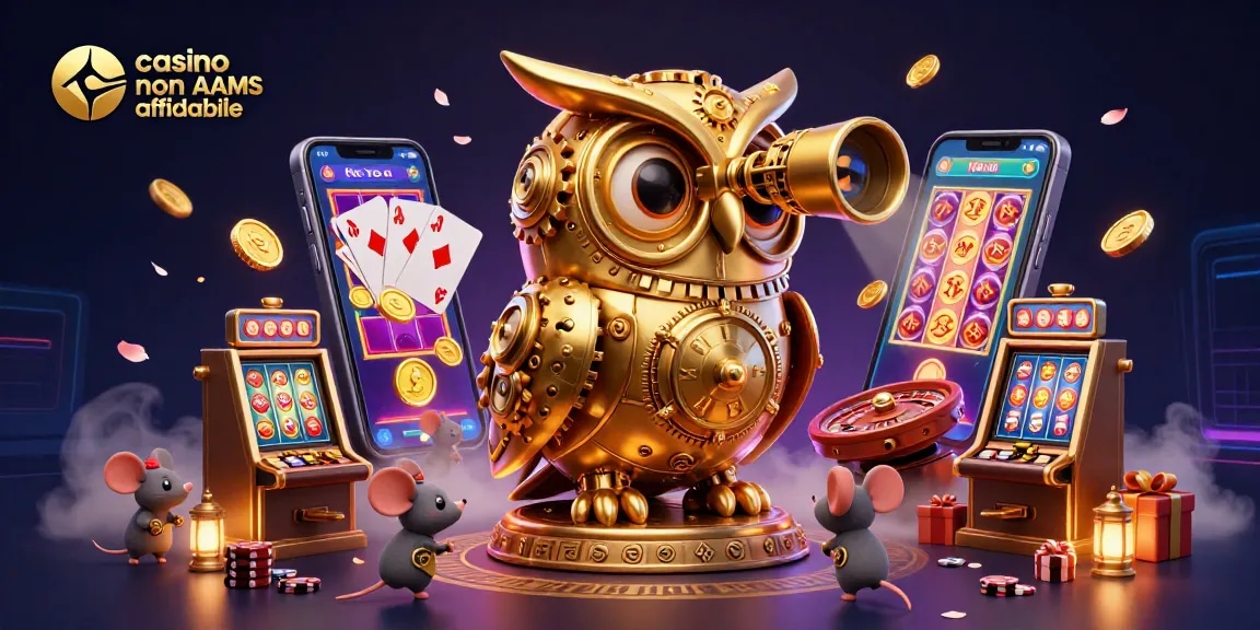Gioca nei migliori casino non AAMS affidabile con un'illustrazione vivace di un gufo magico che esplora un mondo di giochi.