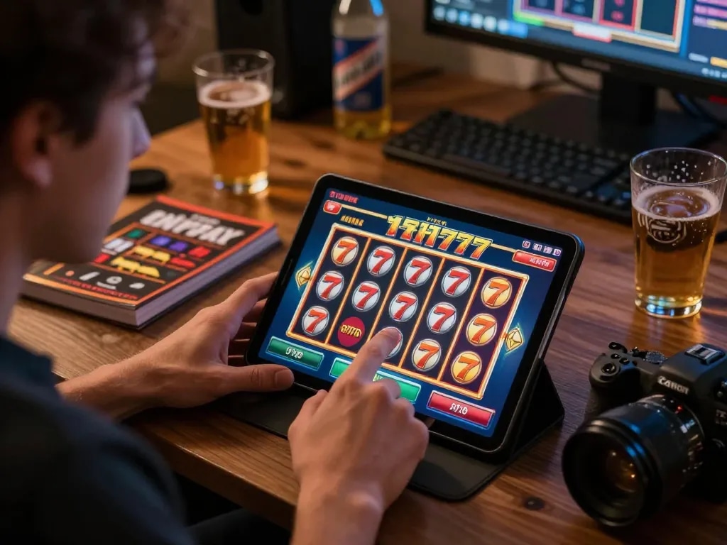 The player enjoys showing slot 777 gameplay on a tablet, illustrating a cozy online gaming experience at home.