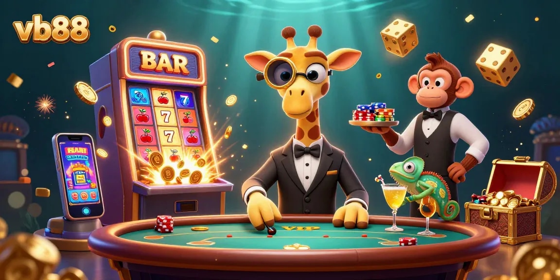 Engage in thrilling casino action at vb88 with a giraffe, monkey, and chameleon amidst jackpot excitement.