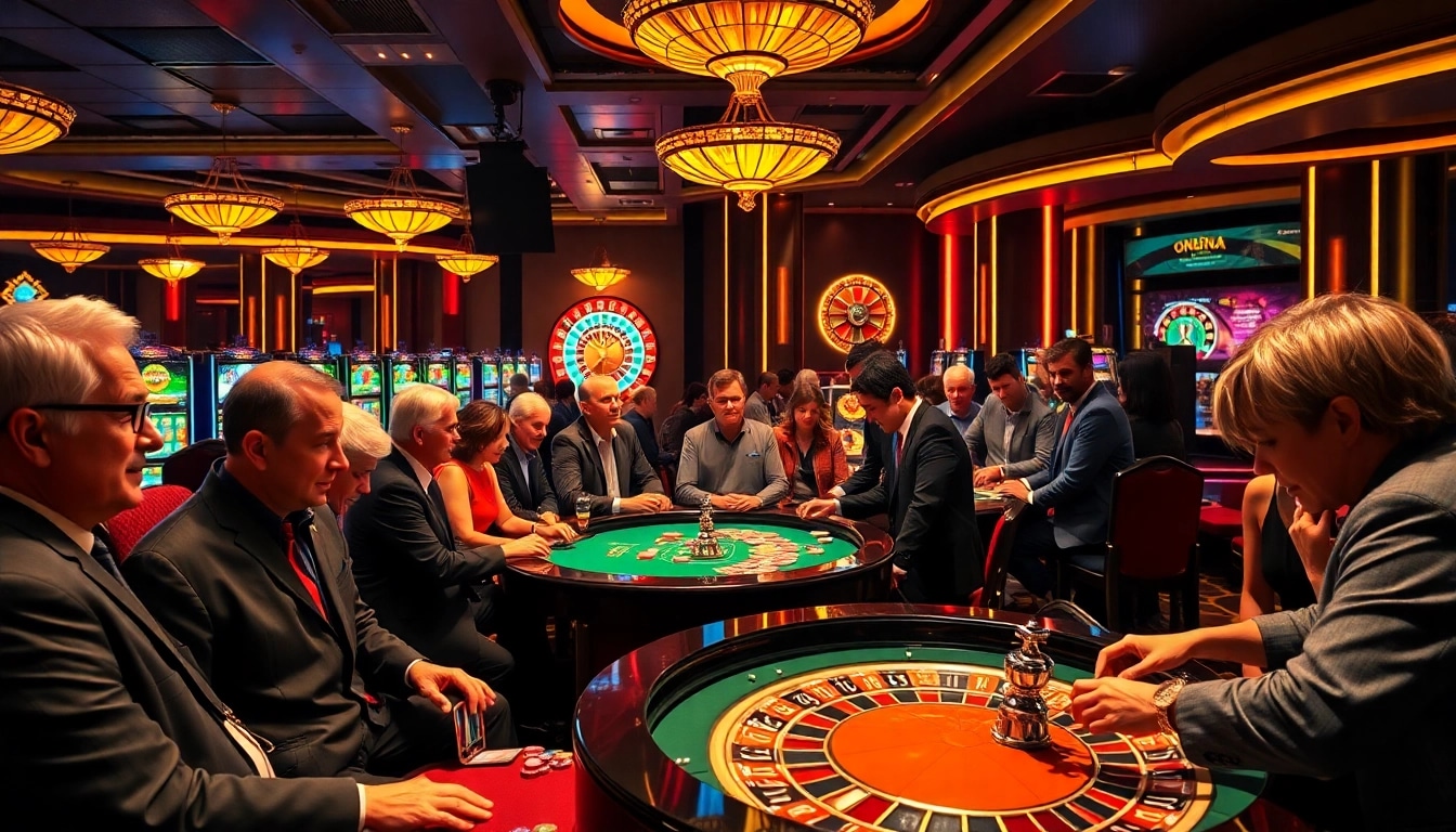 Gamblers enjoying thrilling games at situs seven77 casino, featuring lively slot machines and roulette tables.